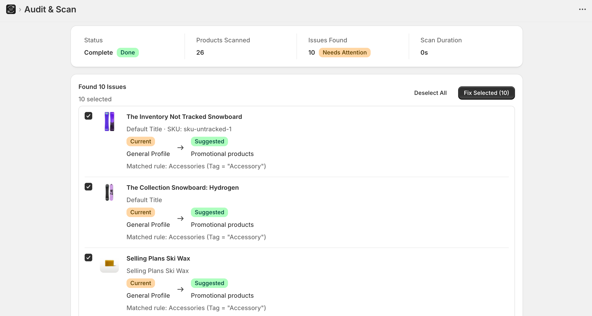 Expresso Shipping Profiles app interface showing shipping profile audit and automation tools