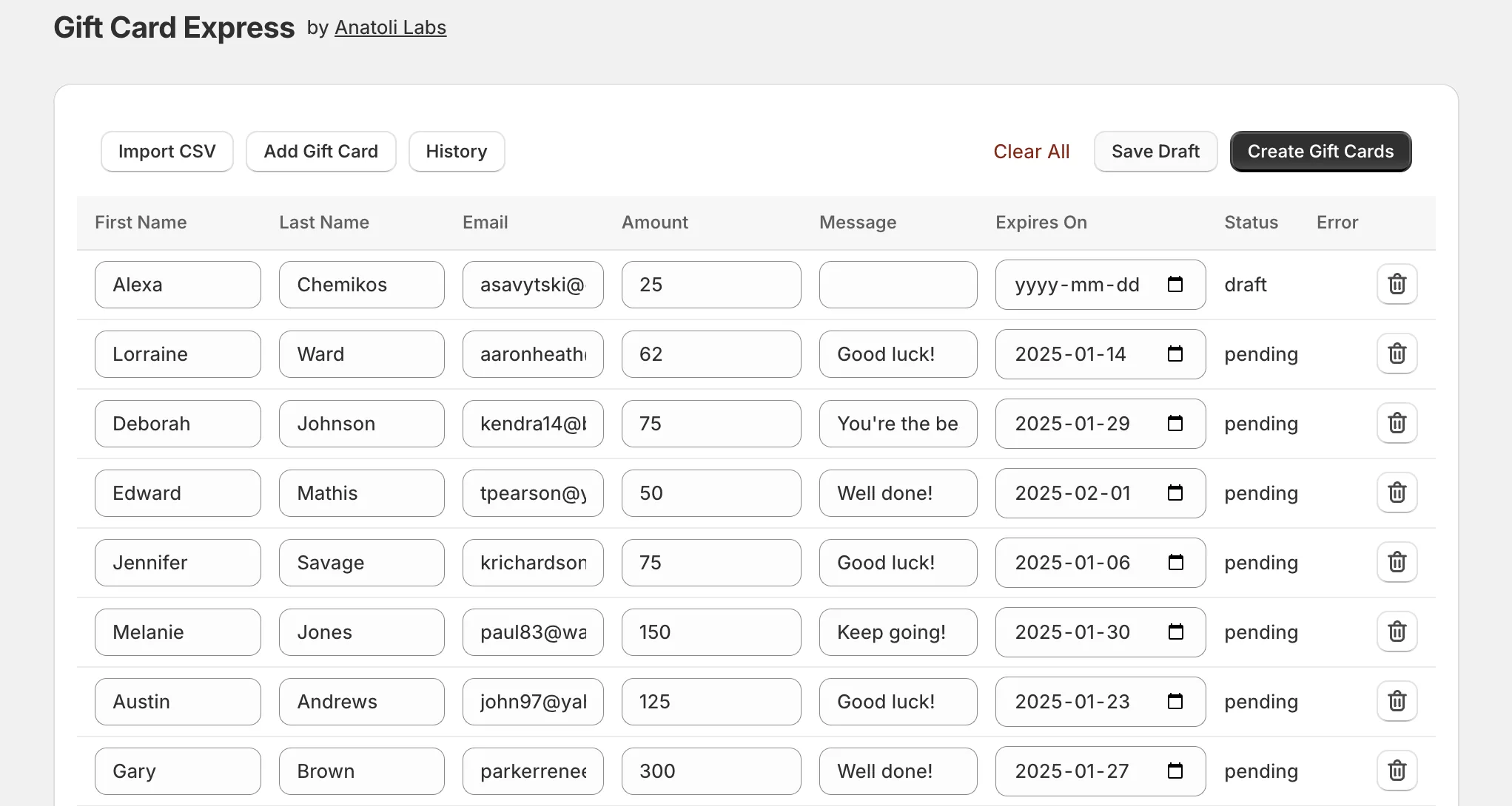The bulk gift card editor, displaying recipient, amount and message fields.