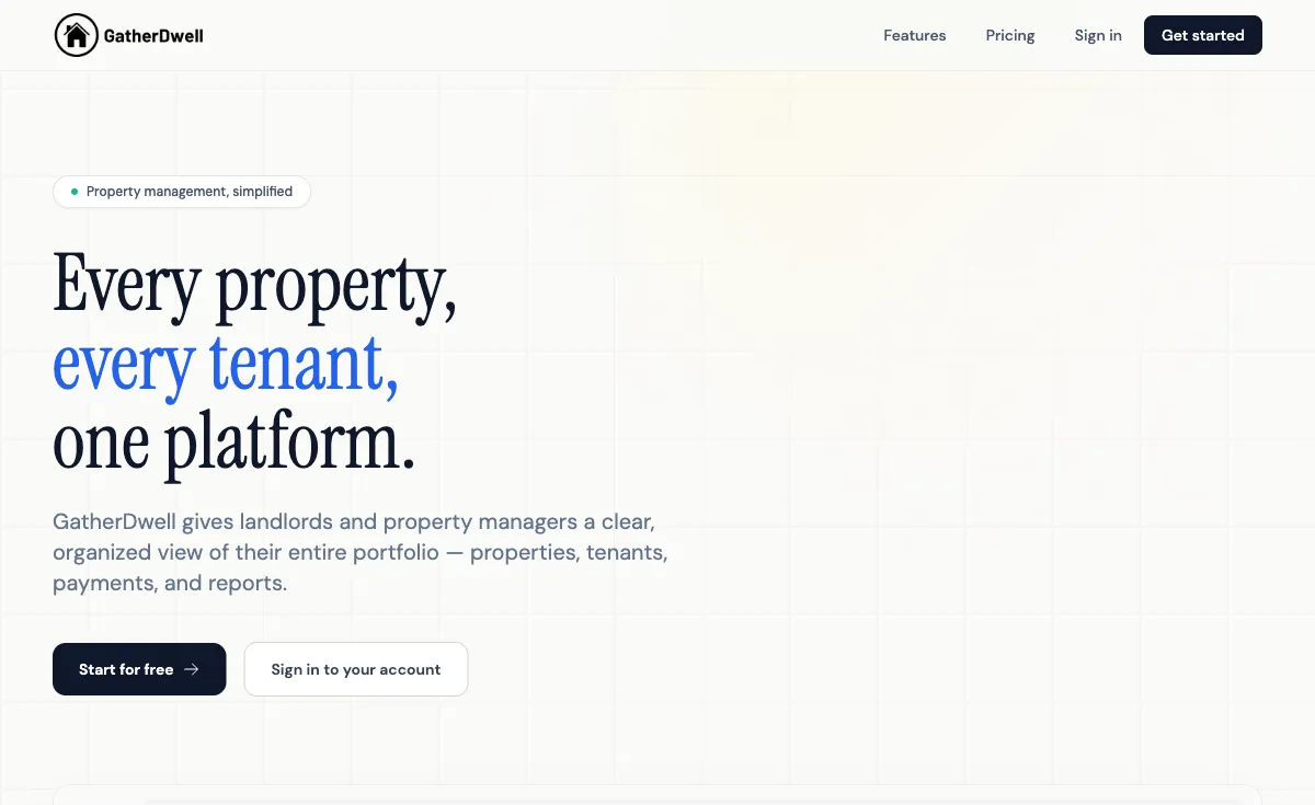 GatherDwell homepage: Every property, every tenant, one platform.
