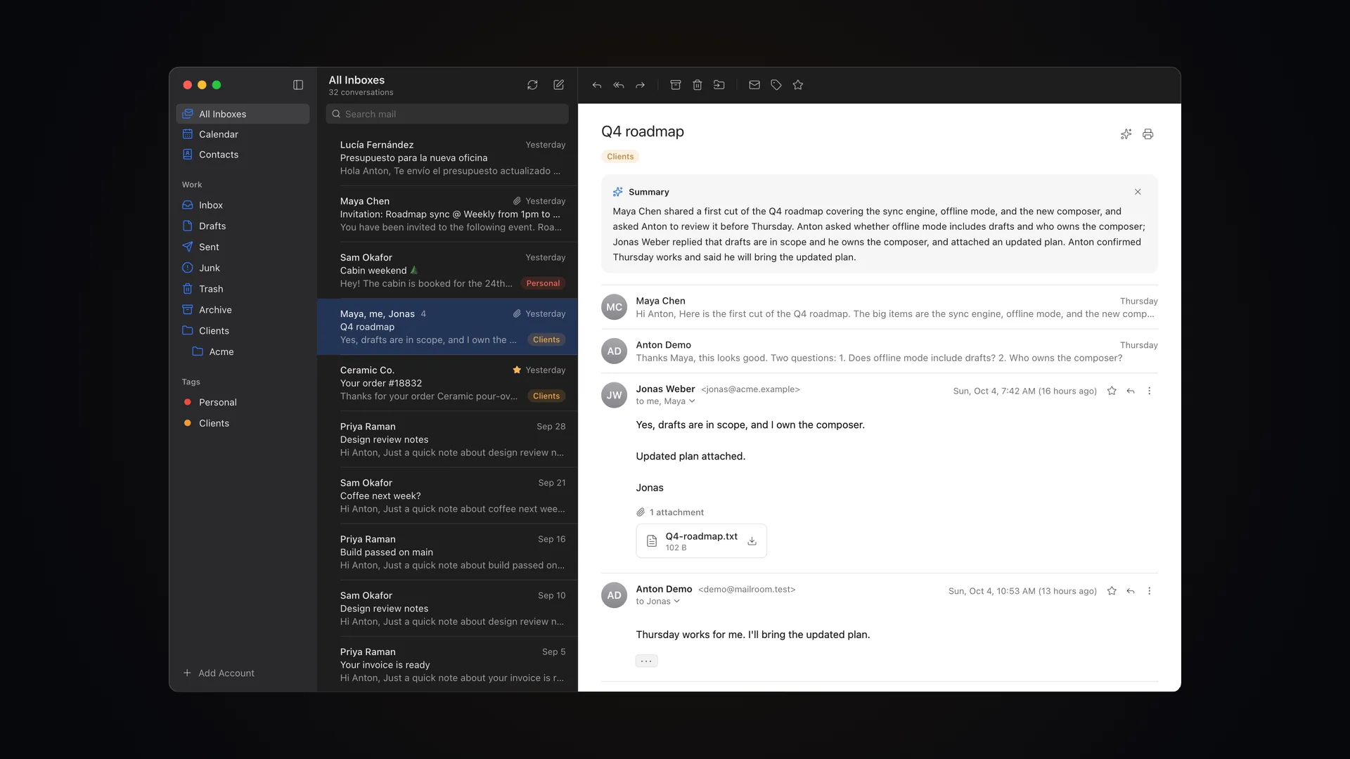 Mailroom in dark mode, showing a conversation with a short AI summary of what was decided.